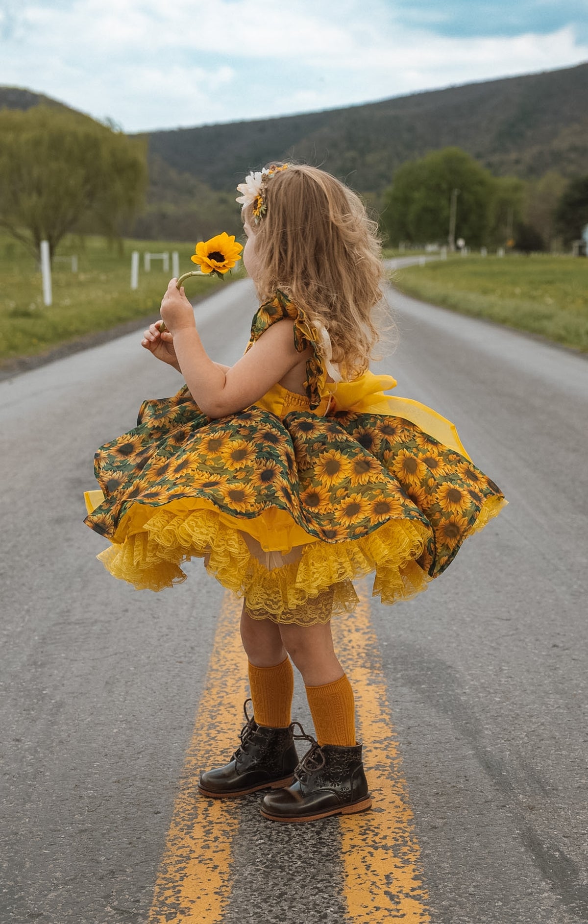 Golden Hour Heirloom – Floral Appliqué Vintage Inspired Boutique Girls Dress | Sunflower Chiffon Lace Heirloom Style