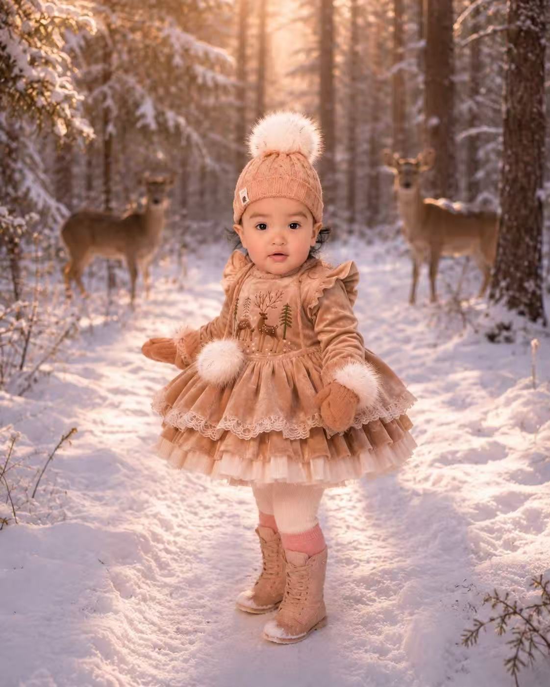 Rêves d'hiver de Fawn Bulle – Grenouillère Brodée de Style Boutique pour Filles | Style Héritage de Vacances en Velours de Coton Brossé
