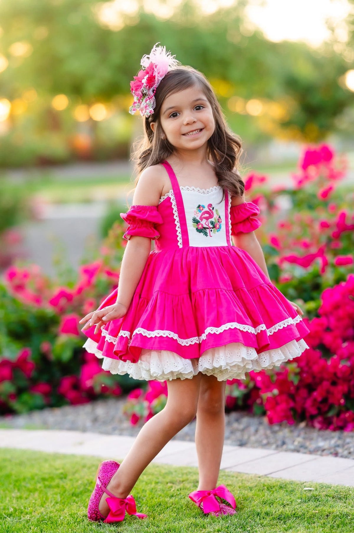 Flamingo Bloom Petti Dress – Hand Embroidered Vintage Inspired Linen Cotton Boutique Girls Dress | Lace Corset Heirloom Style