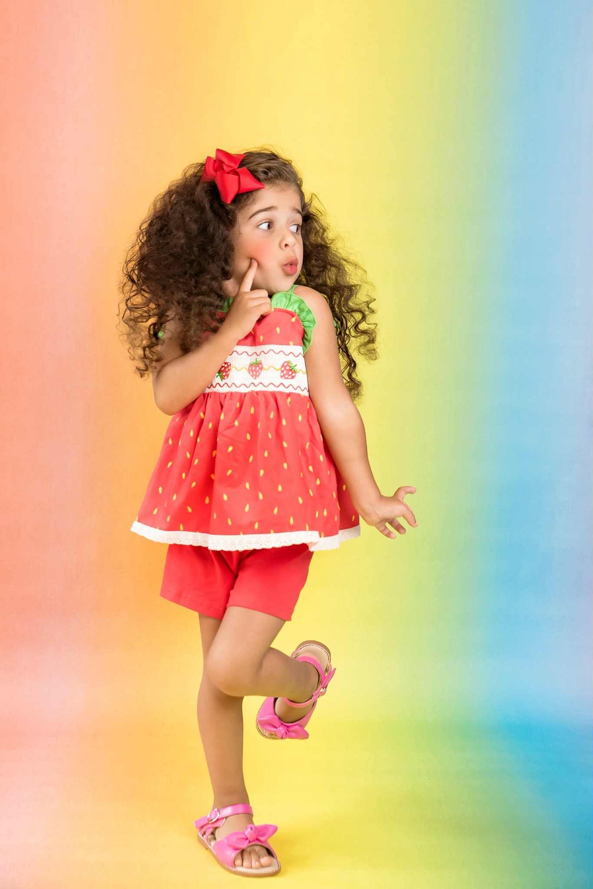 Strawberry Sweetness Set – Smocked Embroidered Cotton Boutique Girls Set | Strawberry Print Broderie Anglaise Summer Outfit