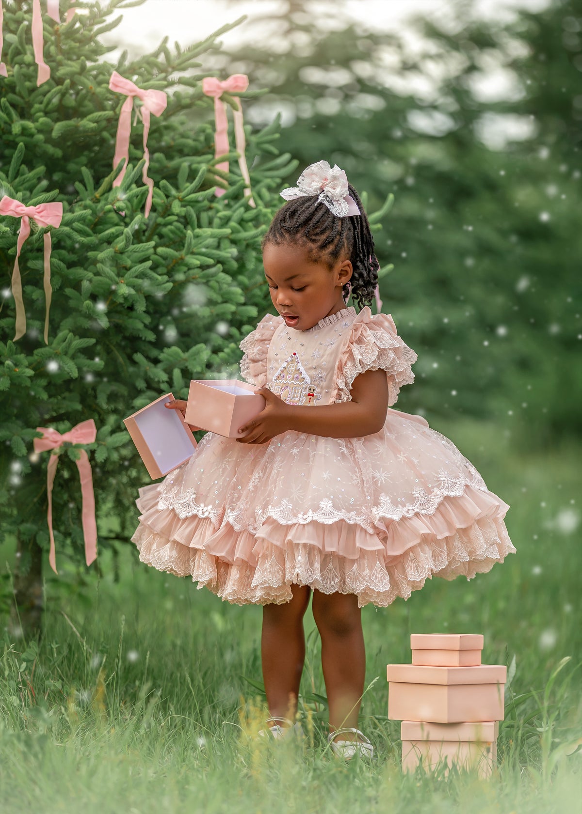 Blush Gingerbread Dream – Embroidered Vintage Inspired Boutique Girls Dress | Tulle Organza Lace Heirloom Style Christmas Dress