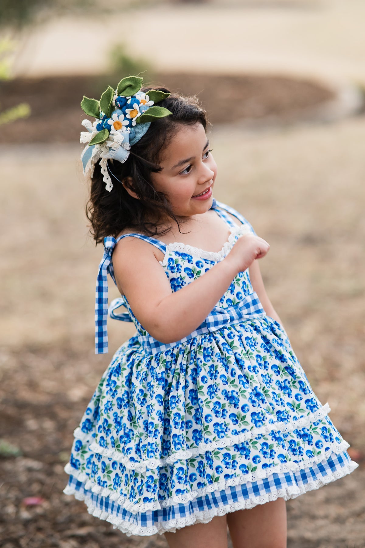 Blueberry Picnic Dress – Blueberry Print Vintage Inspired Cotton Boutique Girls Dress | Eyelet Lace Gingham Heirloom Style