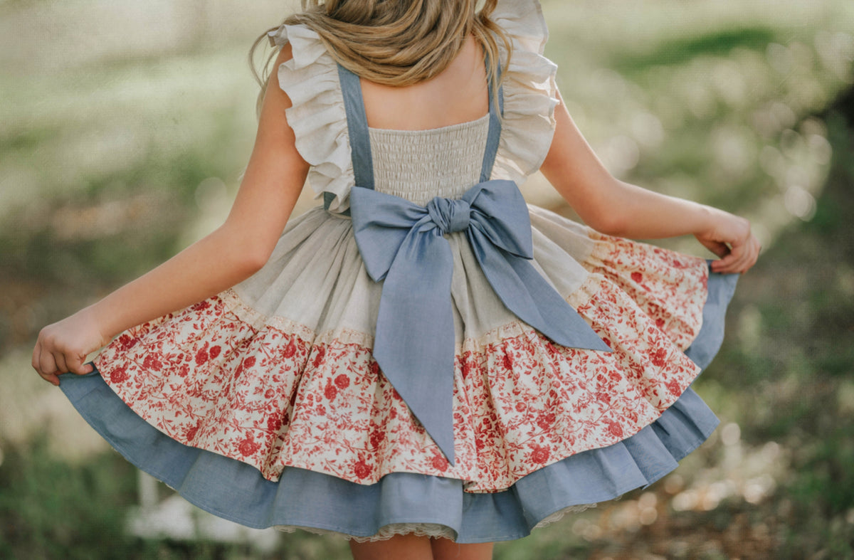 Prairie Rose Set – Embroidered Vintage Inspired Denim Cotton Boutique Girls Set | Floral Lined Jacket Petticoat Cottagecore Style