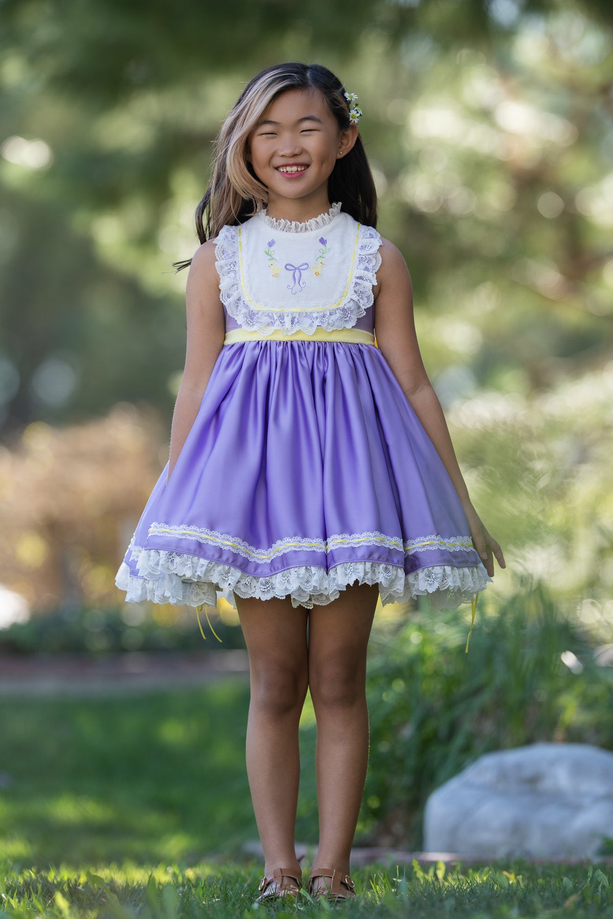 Duckling's Lavender Day Dress – Embroidered Boutique Girls Dress | Duckling Print Lace Heirloom Style Spring Dress