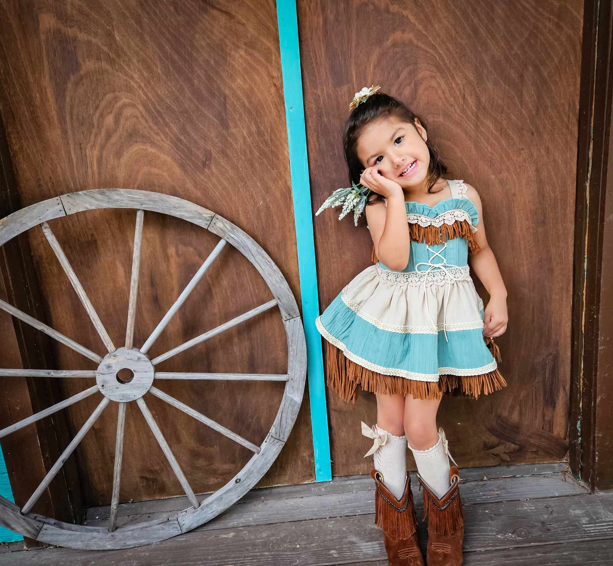 Teal Breeze and Blush Trail Romper – Vintage Inspired Boutique Girls Romper | Viscose Lace Fringe Cottagecore Style