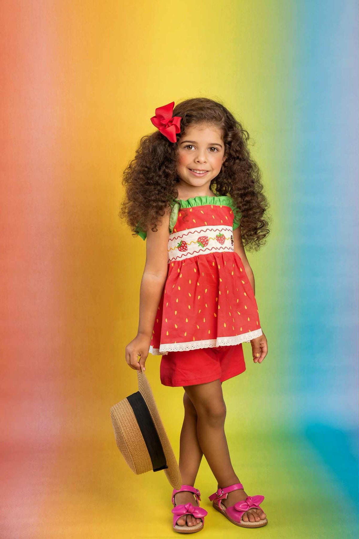Strawberry Sweetness Set – Smocked Embroidered Cotton Boutique Girls Set | Strawberry Print Broderie Anglaise Summer Outfit