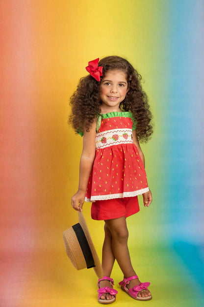 Strawberry Sweetness Set – Smocked Embroidered Cotton Boutique Girls Set | Strawberry Print Broderie Anglaise Summer Outfit