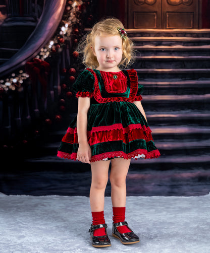 Robe Noël en velours – Robe de boutique de luxe en velours de soie pour filles | Dentelle au crochet Bouton perle Style héritage des fêtes