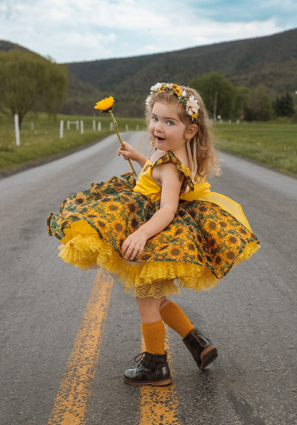 Golden Hour Heirloom – Floral Appliqué Vintage Inspired Boutique Girls Dress | Sunflower Chiffon Lace Heirloom Style
