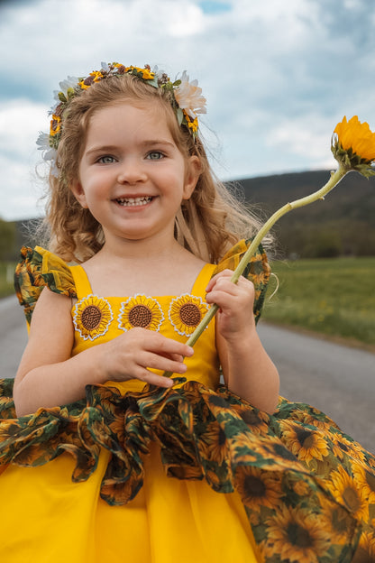 Golden Hour Heirloom – Floral Appliqué Vintage Inspired Boutique Girls Dress | Sunflower Chiffon Lace Heirloom Style
