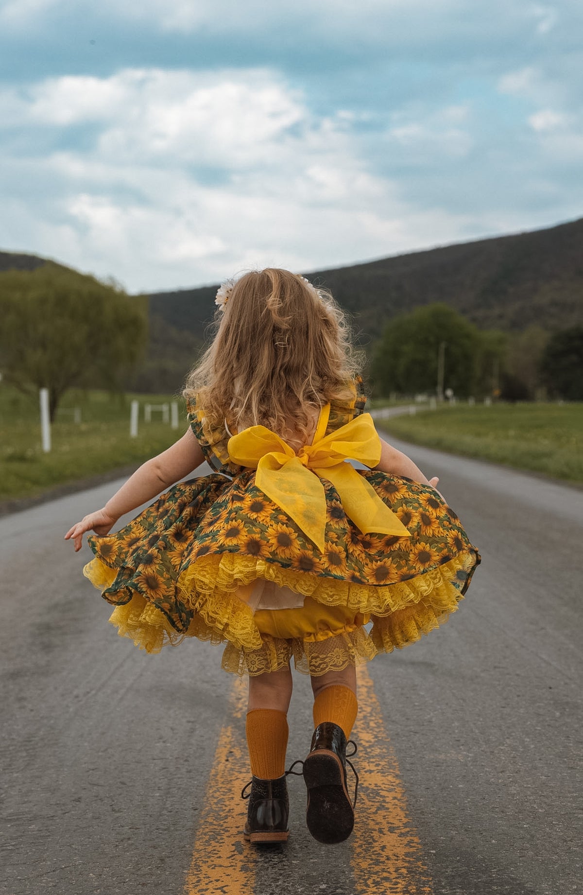 Golden Hour Heirloom – Floral Appliqué Vintage Inspired Boutique Girls Dress | Sunflower Chiffon Lace Heirloom Style
