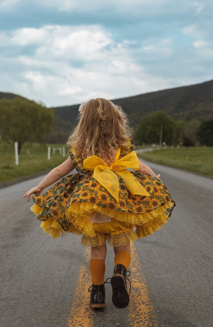 Golden Hour Heirloom – Floral Appliqué Vintage Inspired Boutique Girls Dress | Sunflower Chiffon Lace Heirloom Style