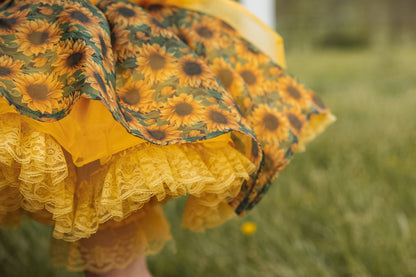 Golden Hour Heirloom – Floral Appliqué Vintage Inspired Boutique Girls Dress | Sunflower Chiffon Lace Heirloom Style