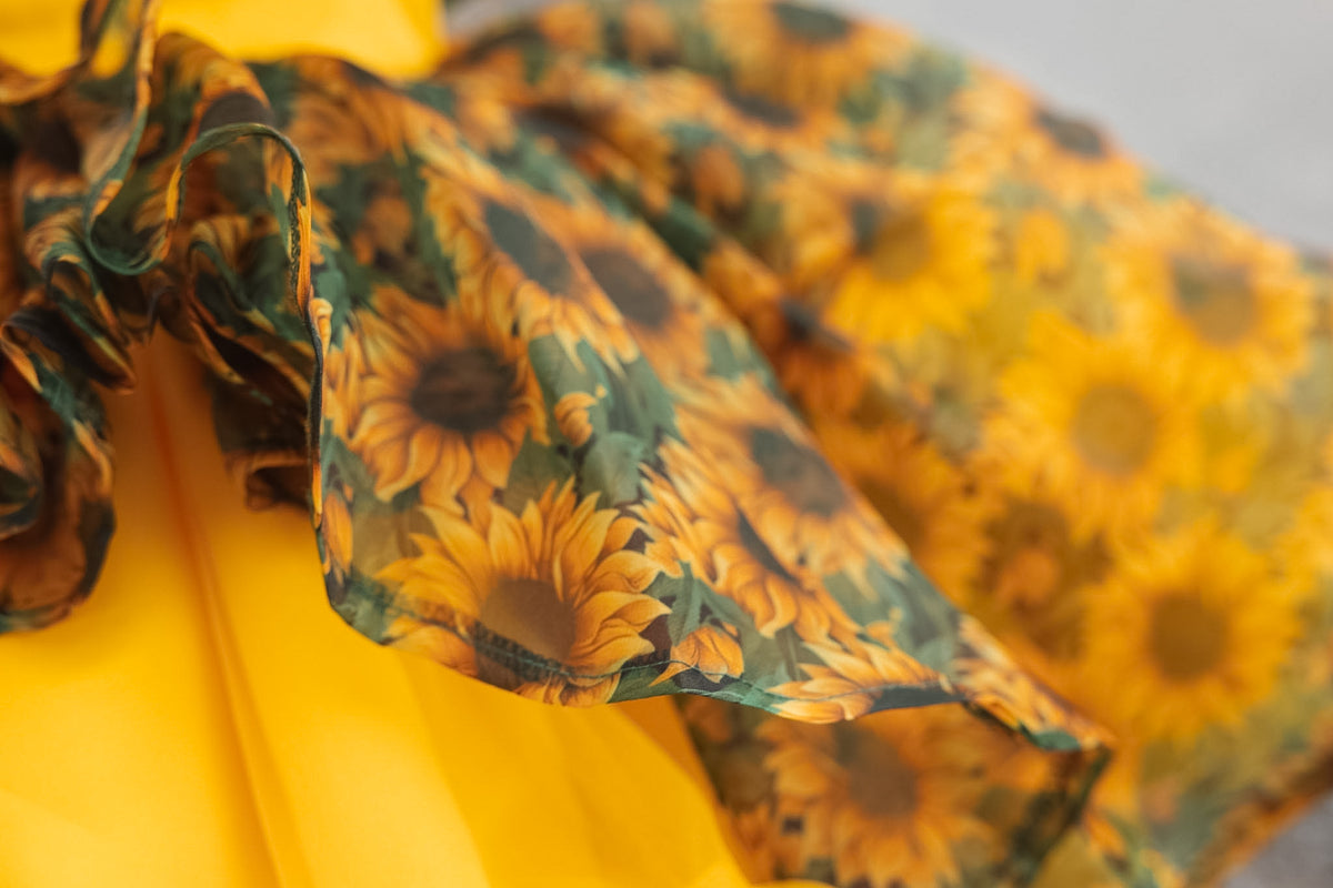 Golden Hour Heirloom – Floral Appliqué Vintage Inspired Boutique Girls Dress | Sunflower Chiffon Lace Heirloom Style