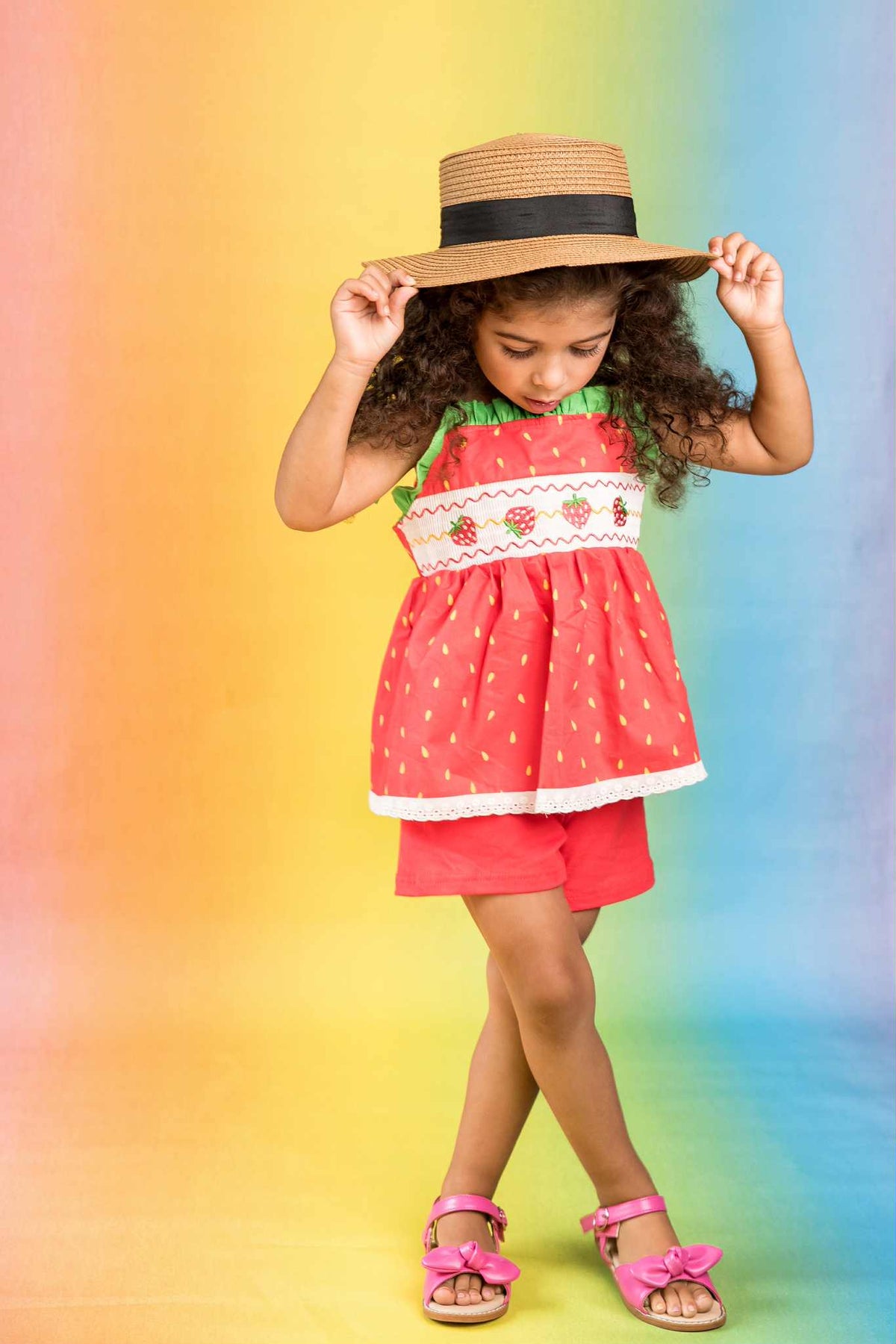 Strawberry Sweetness Set – Smocked Embroidered Cotton Boutique Girls Set | Strawberry Print Broderie Anglaise Summer Outfit