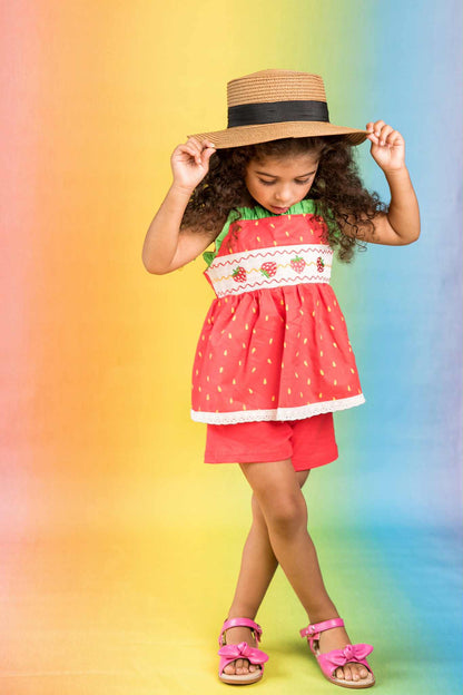 Strawberry Sweetness Set – Smocked Embroidered Cotton Boutique Girls Set | Strawberry Print Broderie Anglaise Summer Outfit