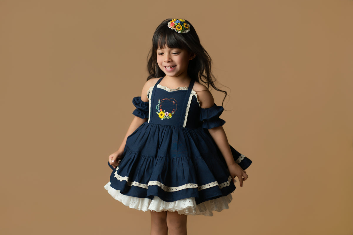 Bluebell Petti Dress – Hand Embroidered Vintage Inspired Linen Boutique Girls Dress | Lace Corset Heirloom Style