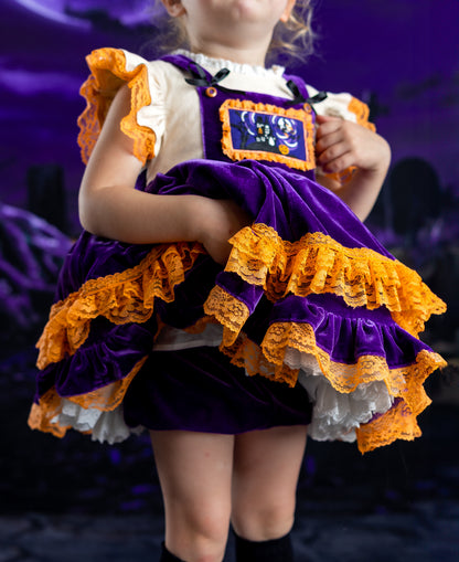 Robe de soirée spéciale Halloween en velours à volants et dentelle « Spooky Pumpkin Moonlight » pour filles – Robe brodée de boutique
