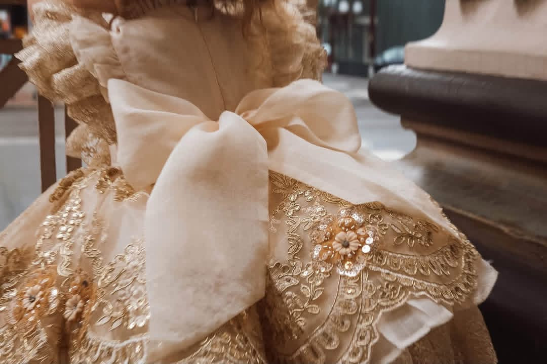 Golden Heiress Dress – Floral Appliqué Gold Lace Girls Dress | Organza Ruffle Heirloom Style