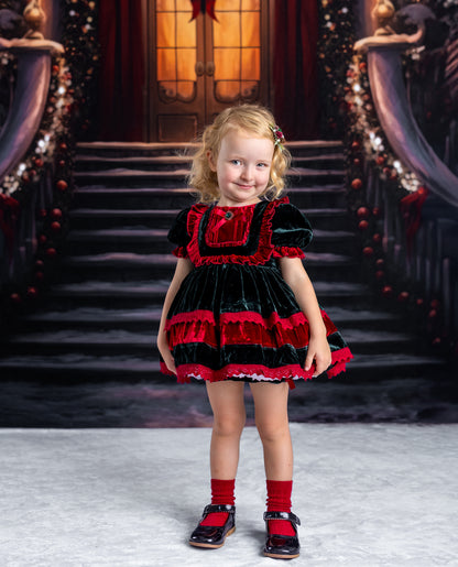 Robe Noël en velours – Robe de boutique de luxe en velours de soie pour filles | Dentelle au crochet Bouton perle Style héritage des fêtes