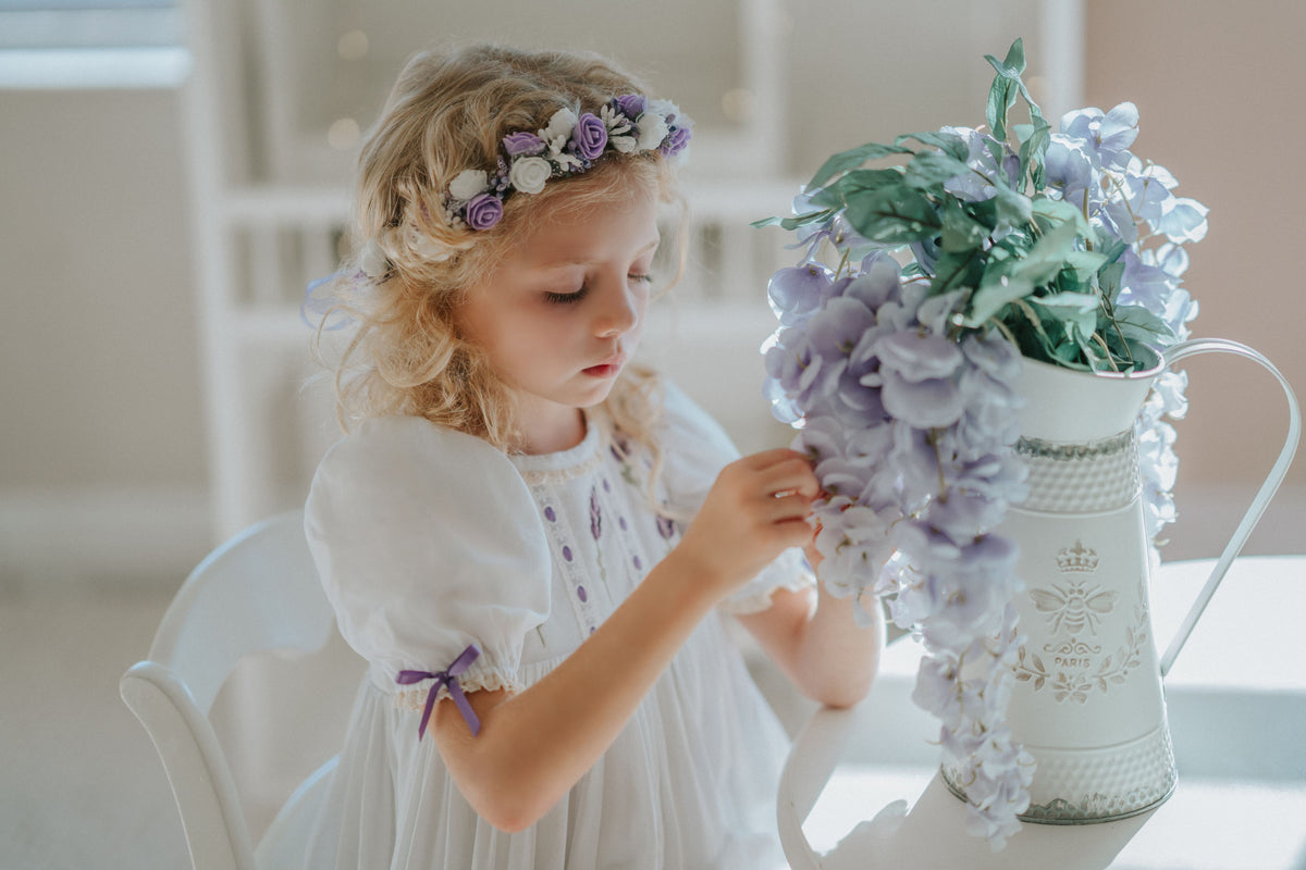 Lavender Bloom Dress – Hand Embroidered Vintage Inspired Boutique Girls Dress | Viscose Lace Crochet Heirloom Style