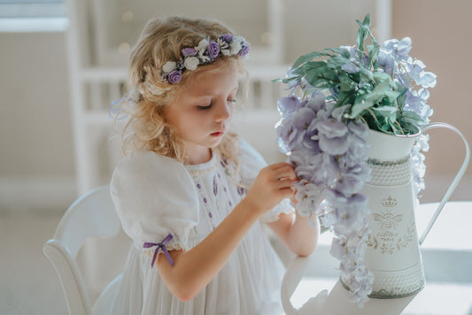 Lavender Bloom Dress – Hand Embroidered Vintage Inspired Boutique Girls Dress | Viscose Lace Crochet Heirloom Style