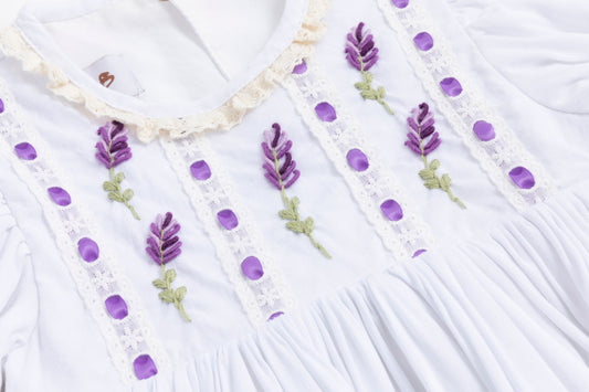 Lavender Bloom Dress – Hand Embroidered Vintage Inspired Boutique Girls Dress | Viscose Lace Crochet Heirloom Style