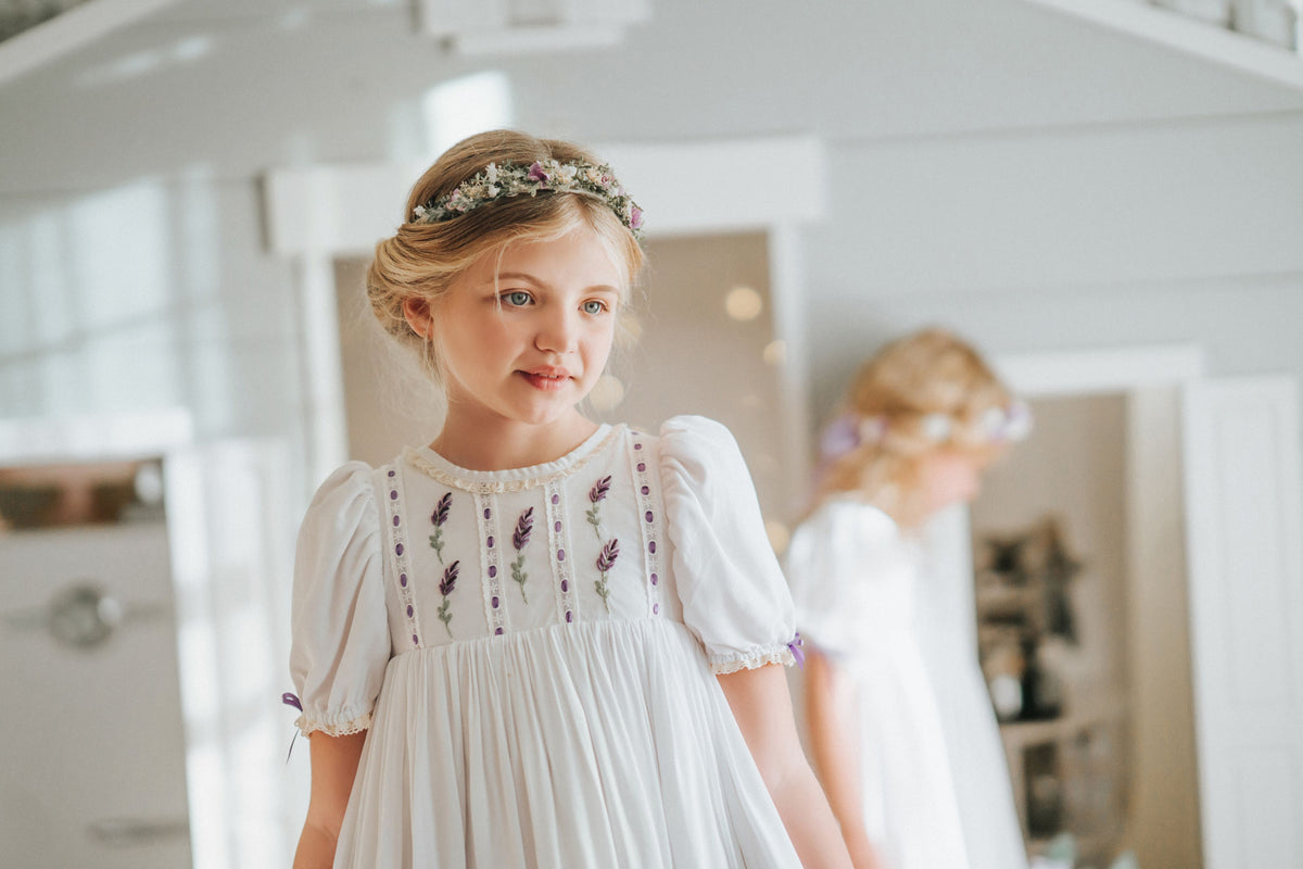 Lavender Bloom Dress – Hand Embroidered Vintage Inspired Boutique Girls Dress | Viscose Lace Crochet Heirloom Style