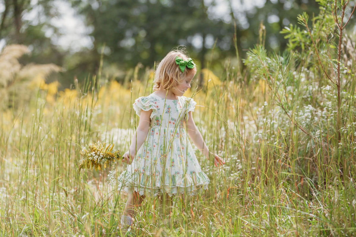 Sage Garden Dress – Floral Print Vintage Inspired Boutique Girls Dress | Ruffle Detail Heirloom Style Classic Girls Dress