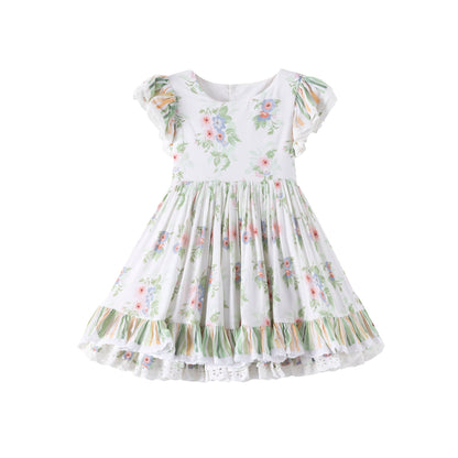 Sage Garden Dress – Floral Print Vintage Inspired Boutique Girls Dress | Ruffle Detail Heirloom Style Classic Girls Dress