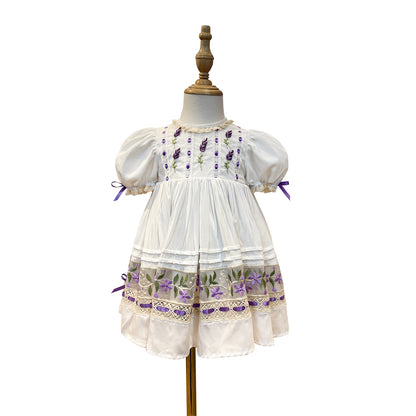 Lavender Bloom Dress – Hand Embroidered Vintage Inspired Boutique Girls Dress | Viscose Lace Crochet Heirloom Style