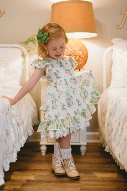 Sage Garden Dress – Floral Print Vintage Inspired Boutique Girls Dress | Ruffle Detail Heirloom Style Classic Girls Dress
