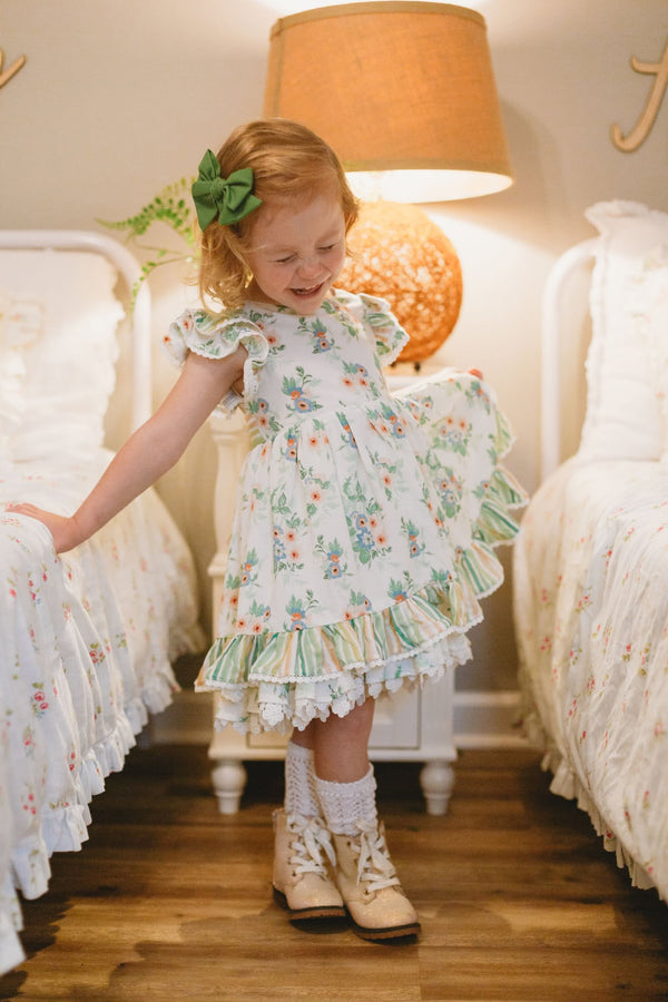 Sage Garden Dress – Floral Print Vintage Inspired Boutique Girls Dress | Ruffle Detail Heirloom Style Classic Girls Dress