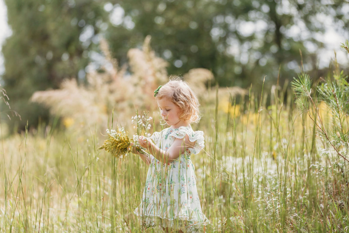 Sage Garden Dress – Floral Print Vintage Inspired Boutique Girls Dress | Ruffle Detail Heirloom Style Classic Girls Dress
