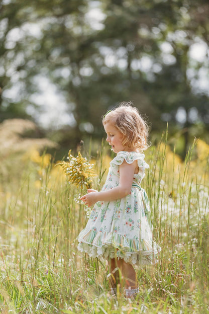 Sage Garden Dress – Floral Print Vintage Inspired Boutique Girls Dress | Ruffle Detail Heirloom Style Classic Girls Dress