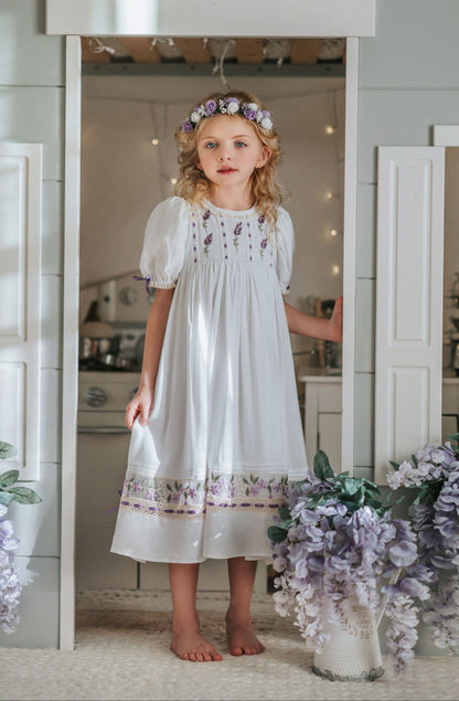 Lavender Bloom Dress – Hand Embroidered Vintage Inspired Boutique Girls Dress | Viscose Lace Crochet Heirloom Style