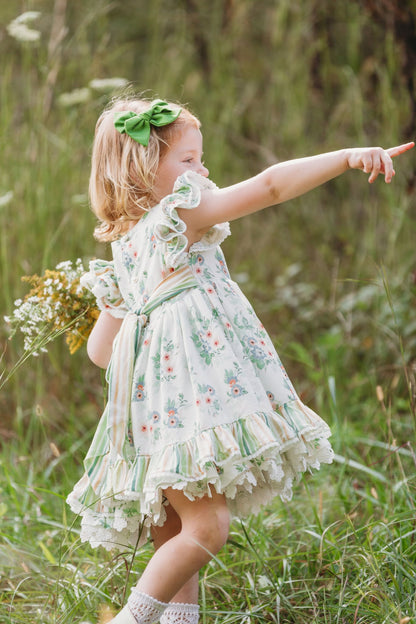 Sage Garden Dress – Floral Print Vintage Inspired Boutique Girls Dress | Ruffle Detail Heirloom Style Classic Girls Dress