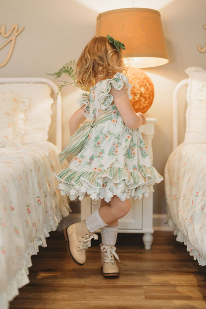 Sage Garden Dress – Floral Print Vintage Inspired Boutique Girls Dress | Ruffle Detail Heirloom Style Classic Girls Dress