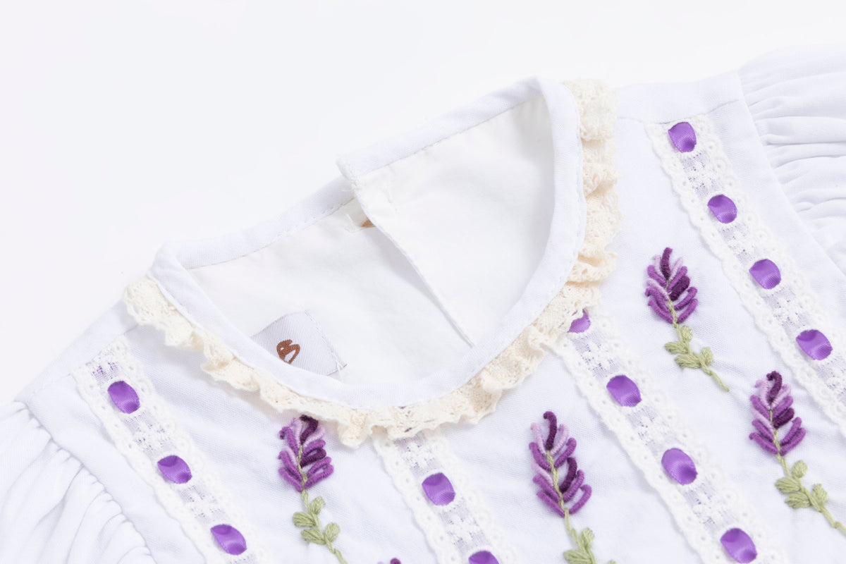 Lavender Bloom Dress – Hand Embroidered Vintage Inspired Boutique Girls Dress | Viscose Lace Crochet Heirloom Style