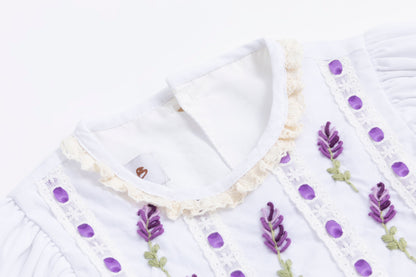 Lavender Bloom Dress – Hand Embroidered Vintage Inspired Boutique Girls Dress | Viscose Lace Crochet Heirloom Style
