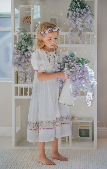 Lavender Bloom Dress – Hand Embroidered Vintage Inspired Boutique Girls Dress | Viscose Lace Crochet Heirloom Style