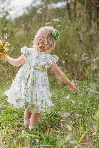 Sage Garden Dress – Floral Print Vintage Inspired Boutique Girls Dress | Ruffle Detail Heirloom Style Classic Girls Dress