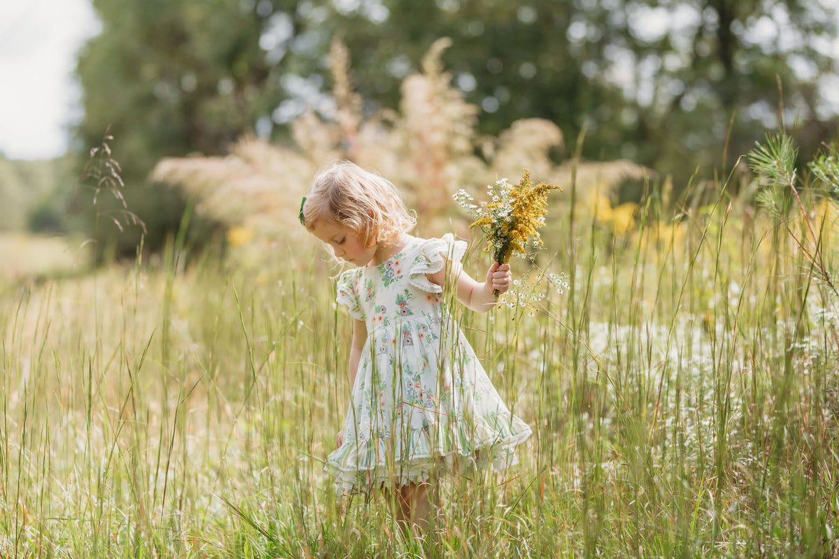 Sage Garden Dress – Floral Print Vintage Inspired Boutique Girls Dress | Ruffle Detail Heirloom Style Classic Girls Dress