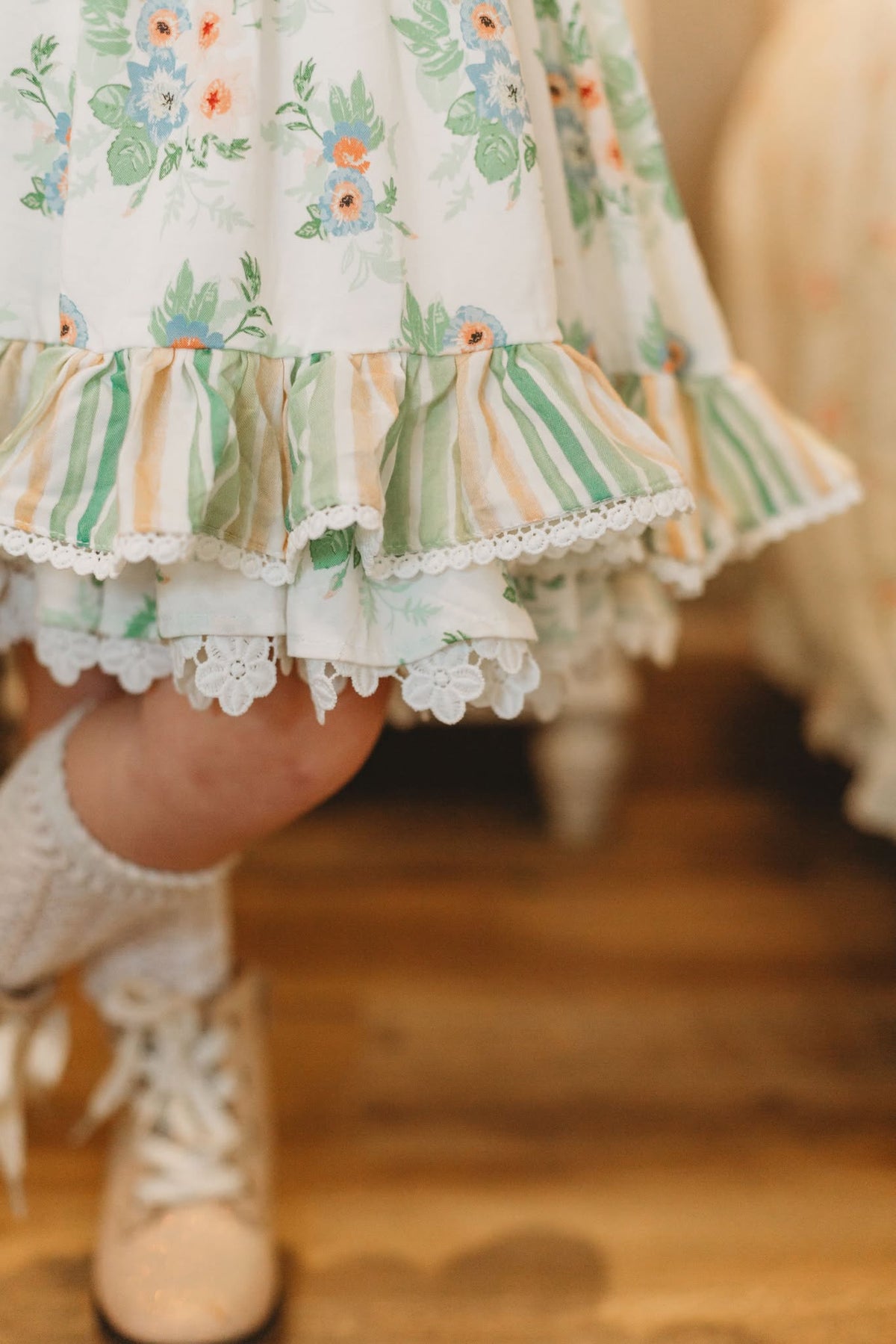 Sage Garden Dress – Floral Print Vintage Inspired Boutique Girls Dress | Ruffle Detail Heirloom Style Classic Girls Dress