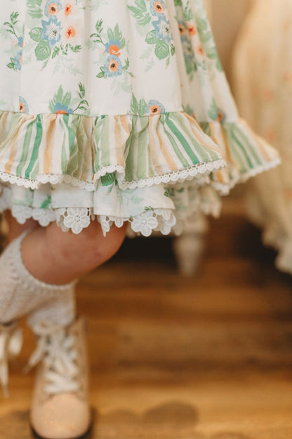 Sage Garden Dress – Floral Print Vintage Inspired Boutique Girls Dress | Ruffle Detail Heirloom Style Classic Girls Dress