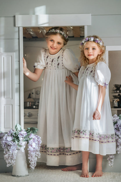 Lavender Bloom Dress – Hand Embroidered Vintage Inspired Boutique Girls Dress | Viscose Lace Crochet Heirloom Style