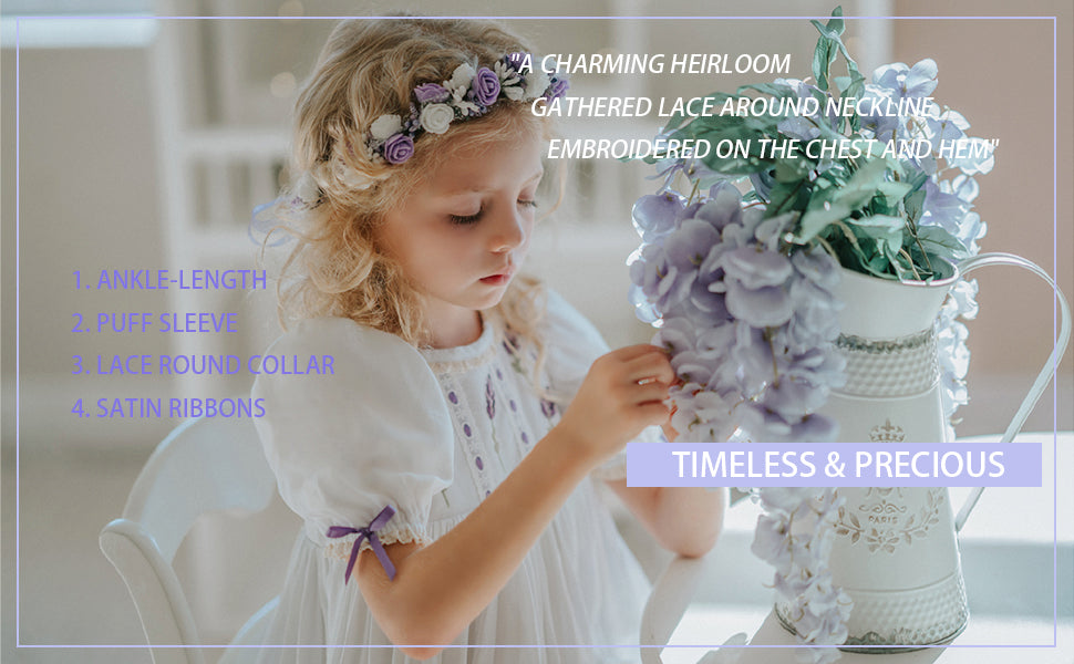 Lavender Bloom Dress – Hand Embroidered Vintage Inspired Boutique Girls Dress | Viscose Lace Crochet Heirloom Style