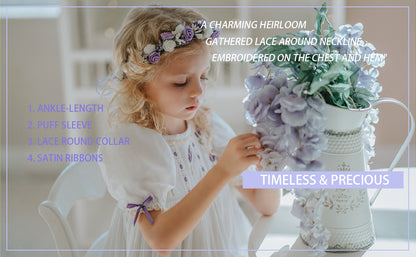 Lavender Bloom Dress – Hand Embroidered Vintage Inspired Boutique Girls Dress | Viscose Lace Crochet Heirloom Style