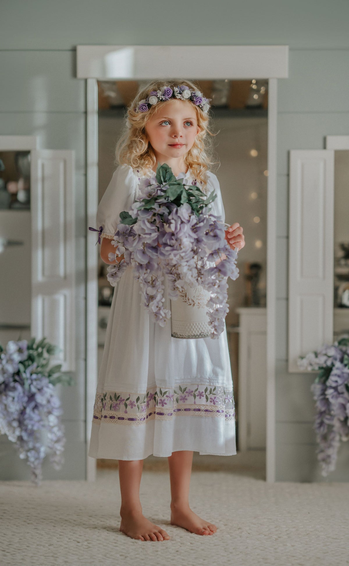 Lavender Bloom Dress – Hand Embroidered Vintage Inspired Boutique Girls Dress | Viscose Lace Crochet Heirloom Style
