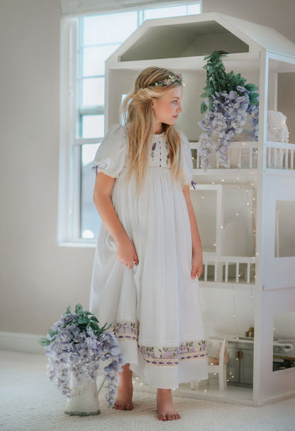Lavender Bloom Dress – Hand Embroidered Vintage Inspired Boutique Girls Dress | Viscose Lace Crochet Heirloom Style